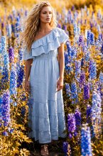 Blond Hour - Aria Linen Offshoulder Maxi dress - Sky Blue