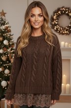 Mixed Brands - Mohair Sweater Cable Knit Lace 33882 - Choco