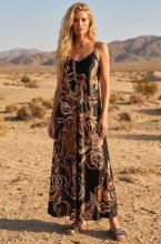 Mixed Brands - Long Satin Dress Paisley Print 13133YLP-324 - Black