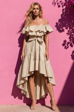 Mixed Brands - Off Shoulder Dress with Frills H1924-C3 - Beige