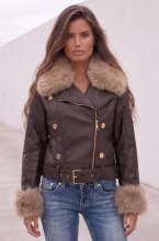 Mixed Brands - Faux Fur Vegan Jacket XS262003 - Coffee - Beige collar