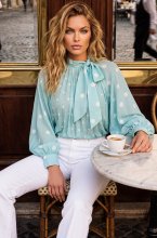 Mixed Brands - Elegant Pleated Polka Dot Shirt 6721 - Aqua Marine