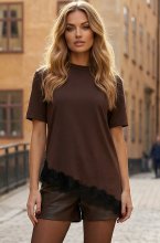 Mixed Brands - 6126 T shirt with Lace Trim - Marron Chocolate