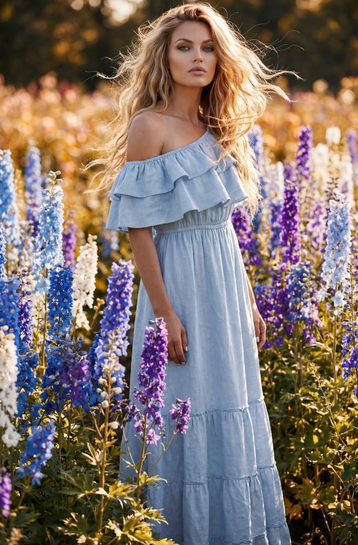 Blond Hour - Aria Linen Offshoulder Maxi dress - Sky Blue