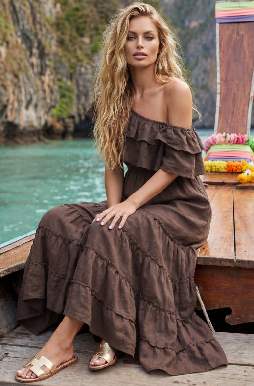 Blond Hour - Aria Linen Offshoulder Maxi dress - Chocolate
