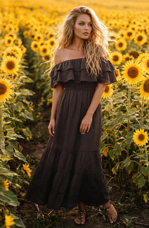 Blond Hour - Aria Linen Offshoulder Maxi dress - Chocolate