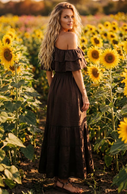 Blond Hour - Aria Linen Offshoulder Maxi dress - Chocolate