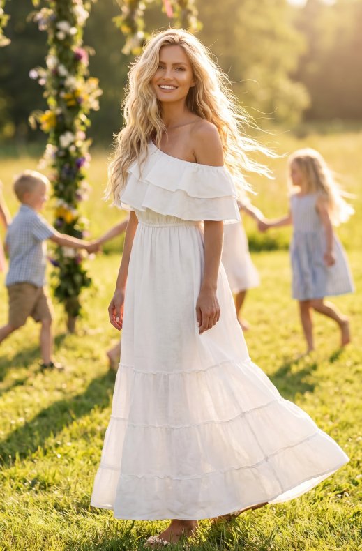 Blond Hour - Aria Linen Offshoulder Maxi dress - Cloud Dancer