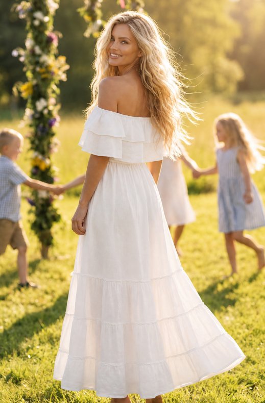 Blond Hour - Aria Linen Offshoulder Maxi dress - Cloud Dancer