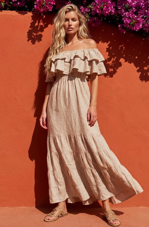 Blond Hour - Aria Linen Offshoulder Maxi dress - Beige