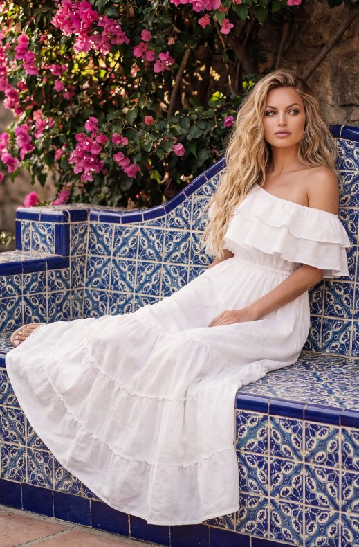 Blond Hour - Aria Linen Offshoulder Maxi dress - Cloud Dancer