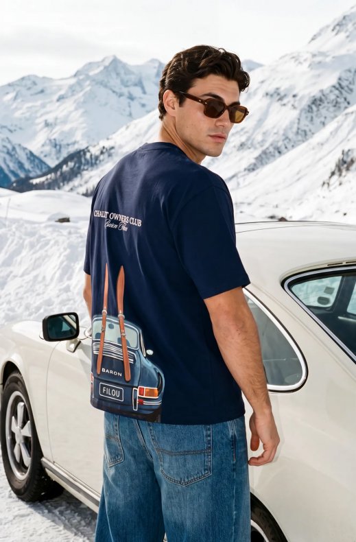 Baron Filou - Oversized Backprint T-Shirt Car with Skis - Oxford Blue