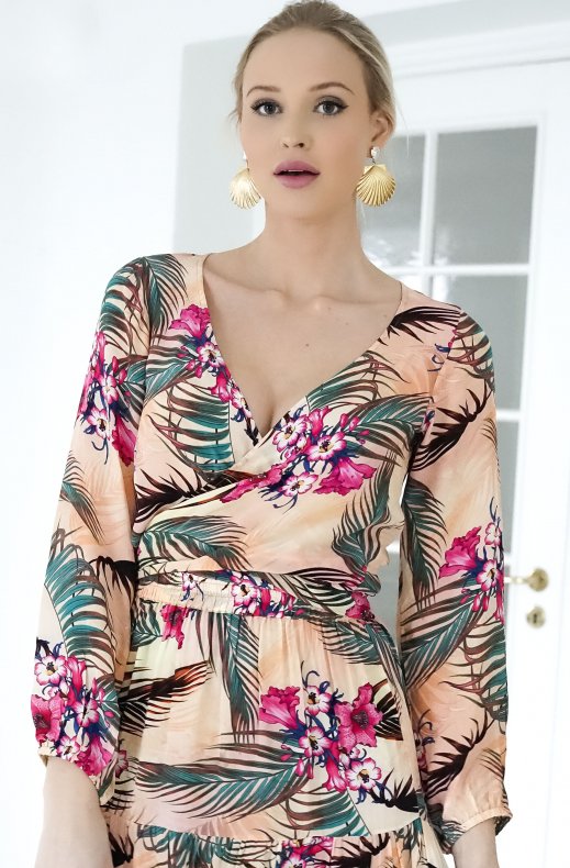 Kaanda - Crop Top Tie Shirt - Peach Tropical