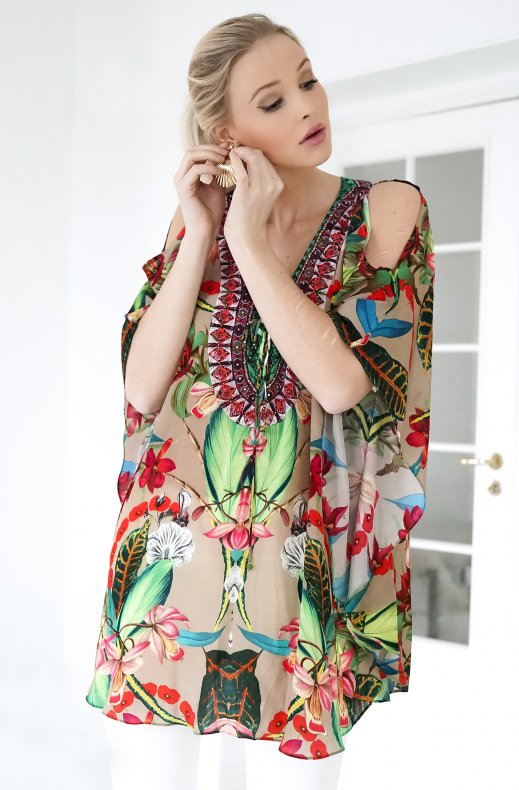 Kaanda - Lace Up Blouse - Sand French Blossom