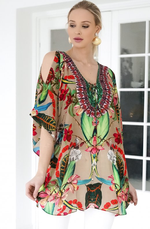 Kaanda - Lace Up Blouse - Sand French Blossom