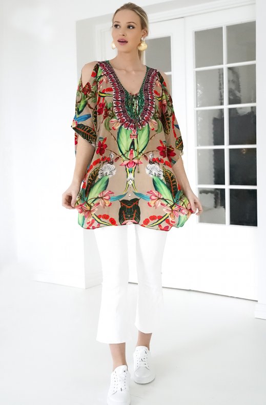 Kaanda - Lace Up Blouse - Sand French Blossom