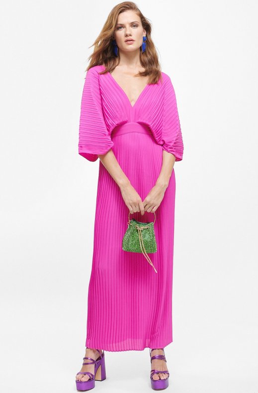 Lola Casademunt - Long Pleated Dress with V-Neck Pink 42365025