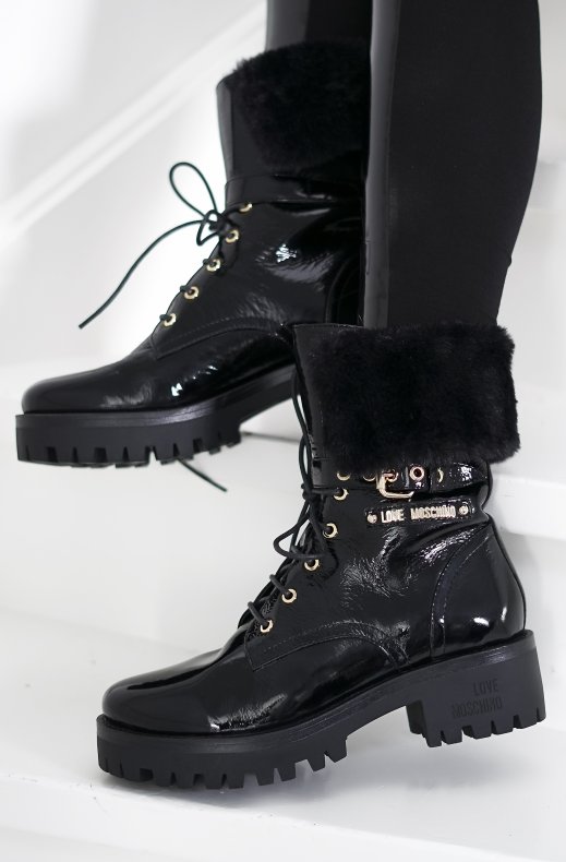 Love Moschino - Patent Boots With Faux Fur