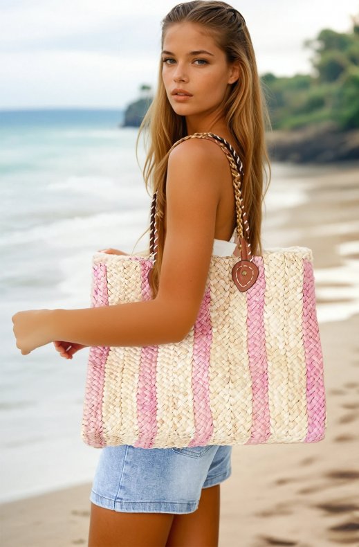 Mixed Brands- Striped Beach Bag 4619 - Pink