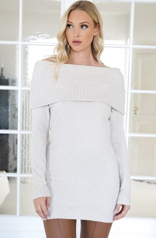 Mixed Brands - long sleeve mini Dress bardot neckline 3085 - Beige