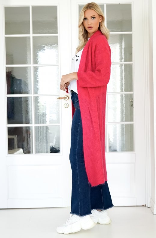 Mixed Brands - Chunky Mohair Knit Long Cardigan - Fuchsia