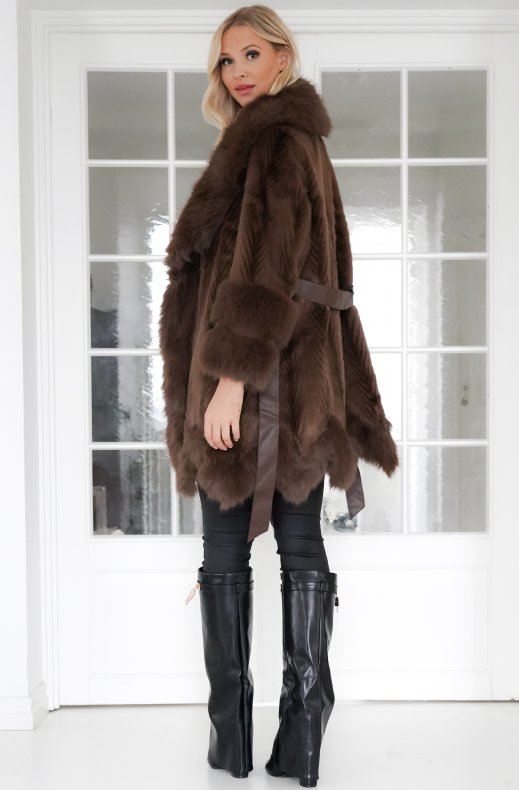 Mixed Brands - Elegant faux fur coat with belt 29240 - Brown