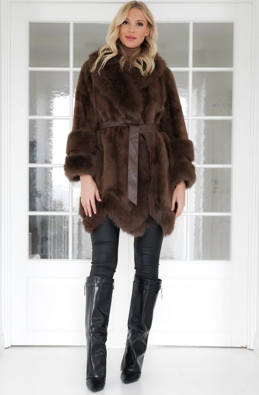 Mixed Brands - Elegant faux fur coat with belt 29240 - Brown