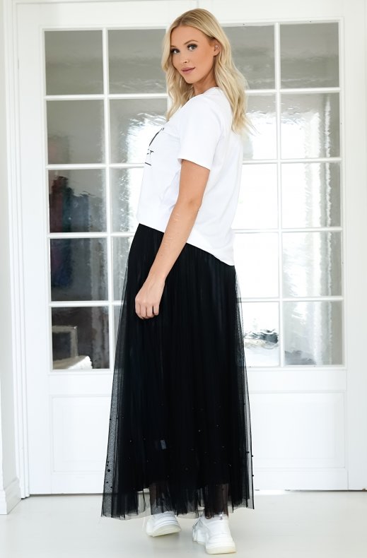 Mixed Brands - Pleated Tulle maxi Skirt with Pearls - Black