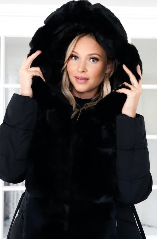 Mixed Brands - Long Puffer Coat with Faux fur trim 23069 - Black