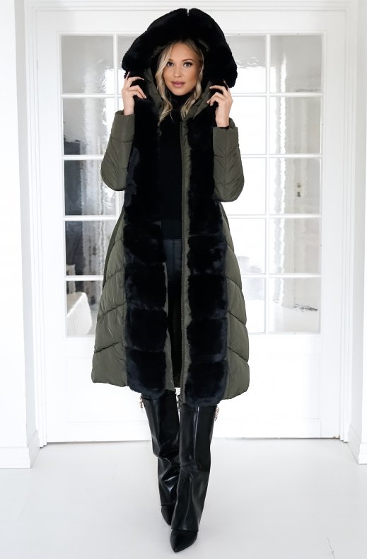 Mixed Brands - Long Puffer Coat with Faux fur trim 23069 - Dark Olive