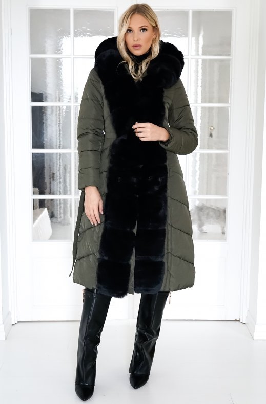 Mixed Brands - Long Puffer Coat with Faux fur trim 23069 - Dark Olive