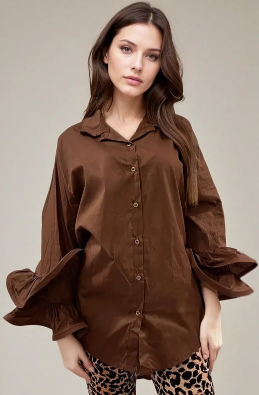 Mixed Brands - Oversize cotton shirt with ruffled sleeve 9394 - Choco