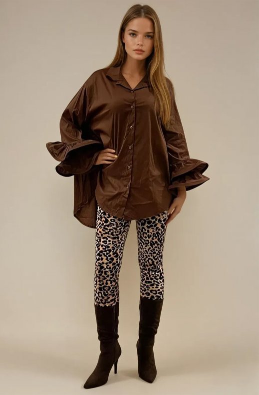Mixed Brands - Oversize cotton shirt with ruffled sleeve 9394 - Choco