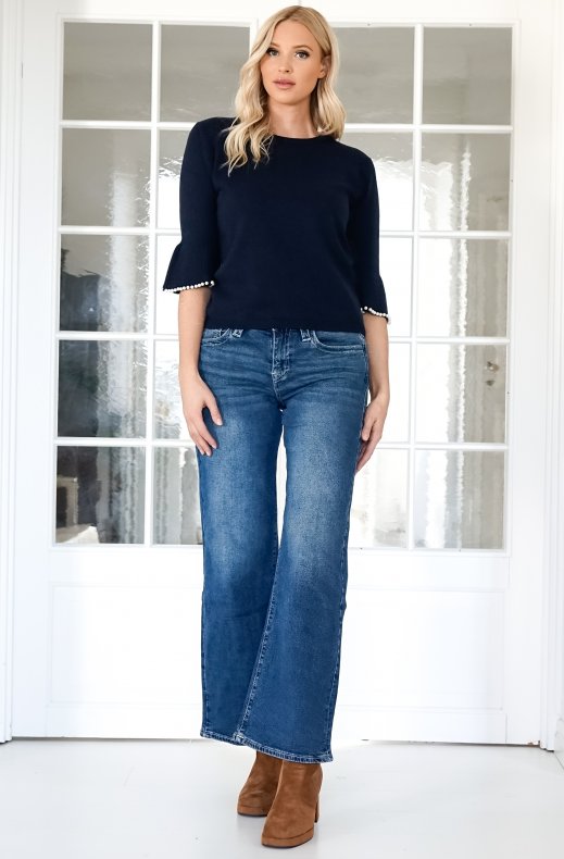 Mixed Brands - Elegant Pearl-accented knit sweater 3502 - Darkblue