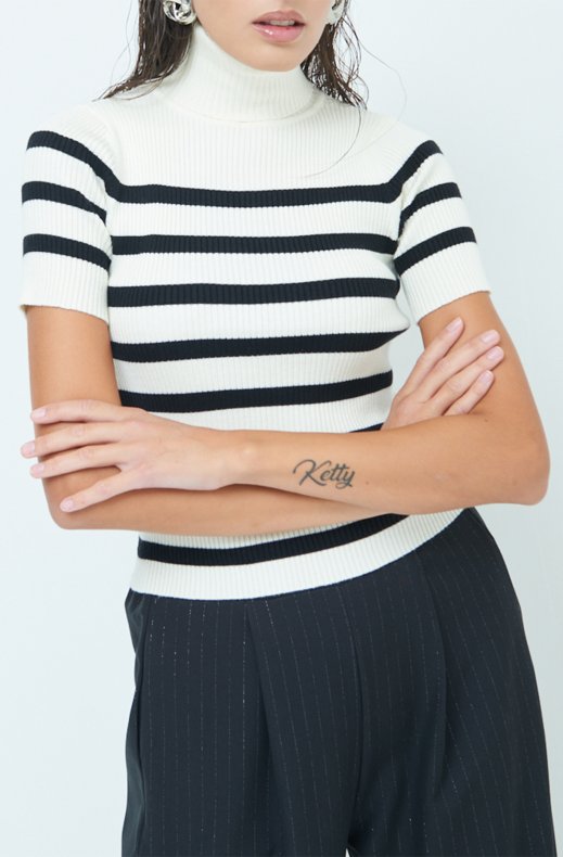 Mixed Brands - Striped short sleeve turtleneck 3373 - Beige