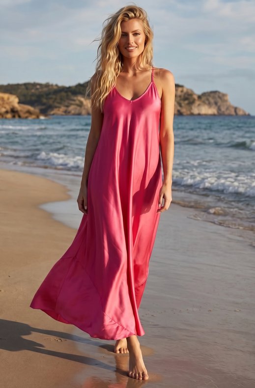 Mixed Brands - Long Satin Dress 13133BC - Fuschia