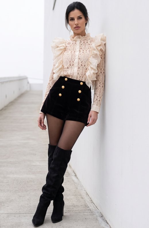 Mixed Brands - High Waist Velvet Shorts with Gold Button W46896 - Black