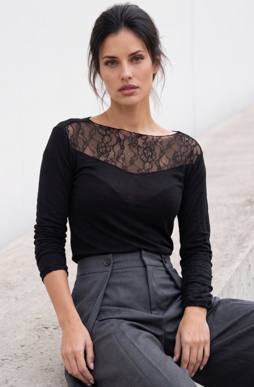 Mixed Brands - Cashmere blend top with lace R17106 - Black