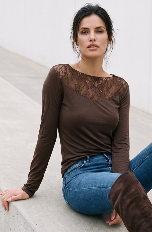 Mixed Brands - Cashmere blend top with lace R17106 - Brown