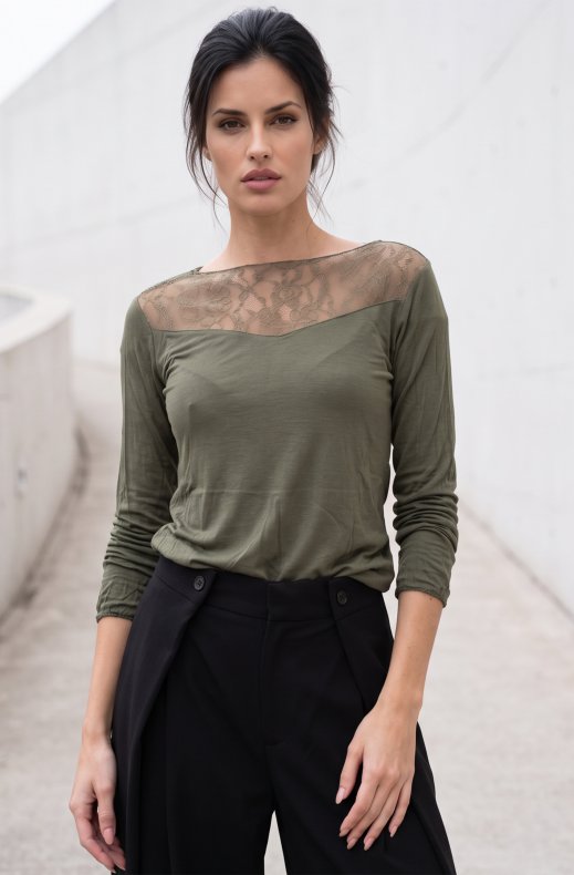 Mixed Brands - Cashmere blend top with lace R17106 - Khaki