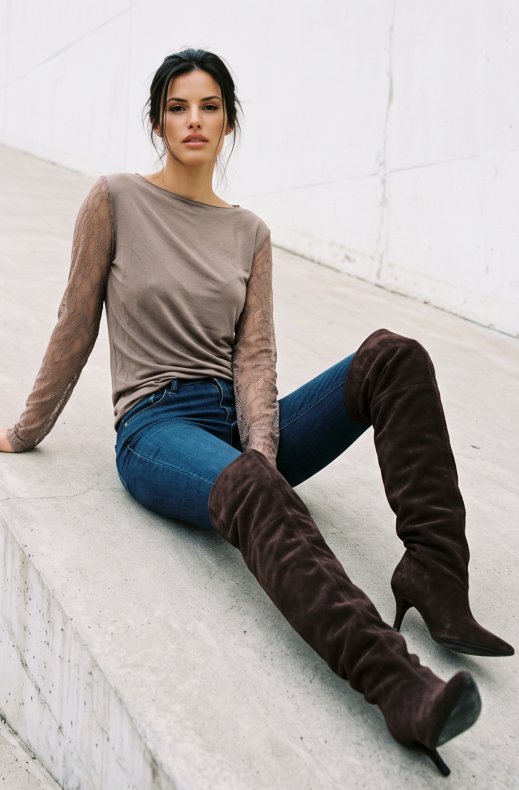 Mixed Brands - Cashmere mix top with lace sleeve R17107 - Taupe