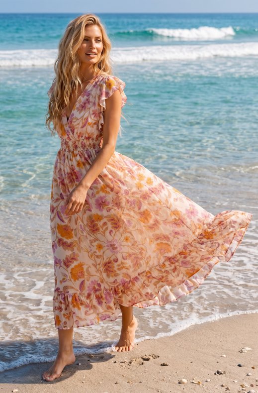 Mixed Brands - Long Printed Dress 2317 - Apricot