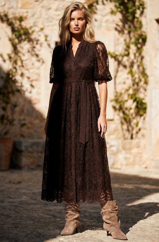 Mixed Brands - Lace Dress with puff sleeve 27535 - Coffee
