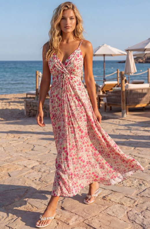 Mixed Brands - Floral Print Maxi Dress 3819-52 - Fuschia