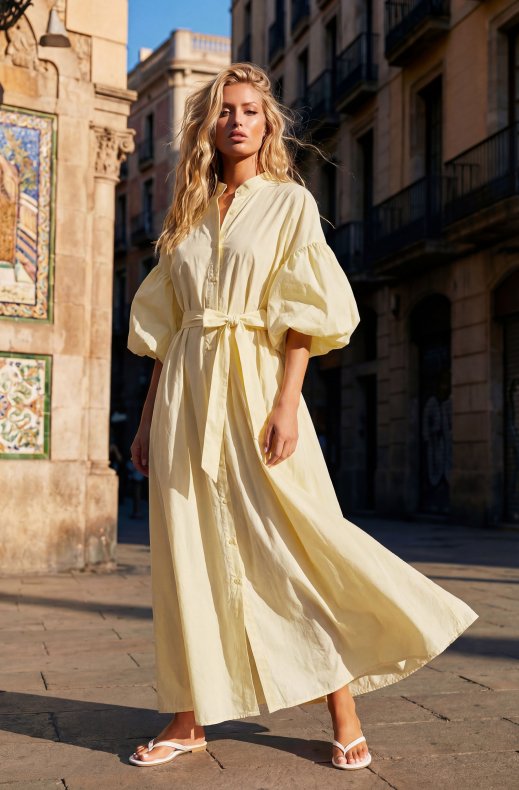 Mixed Brands - Maxi Dress with Puff Sleeves 4948-C3 - Yellow