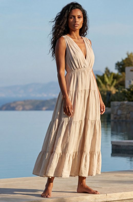 Mixed Brands - V-neck Maxi Dress FL9303 - Beige