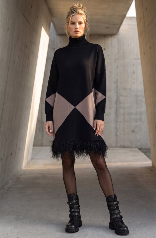 Mixed Brands - Knitted dress with turtleneck and fringes LR096089 - Black