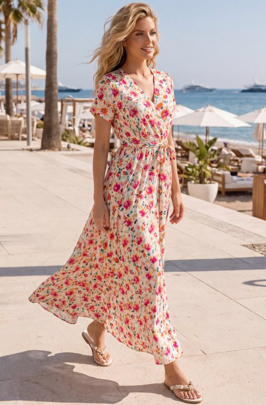 Mixed Brands - Floral Printed Long Dress 9751-36 - Ecru