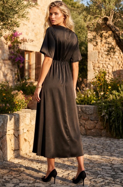 Mixed Brands - Satin Wrap Dress D28735 - Black