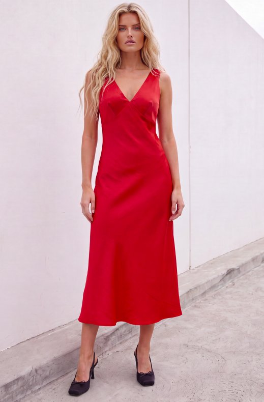Mixed Brands - Long Satin Dress with v-neck L5M305HRASO - Red